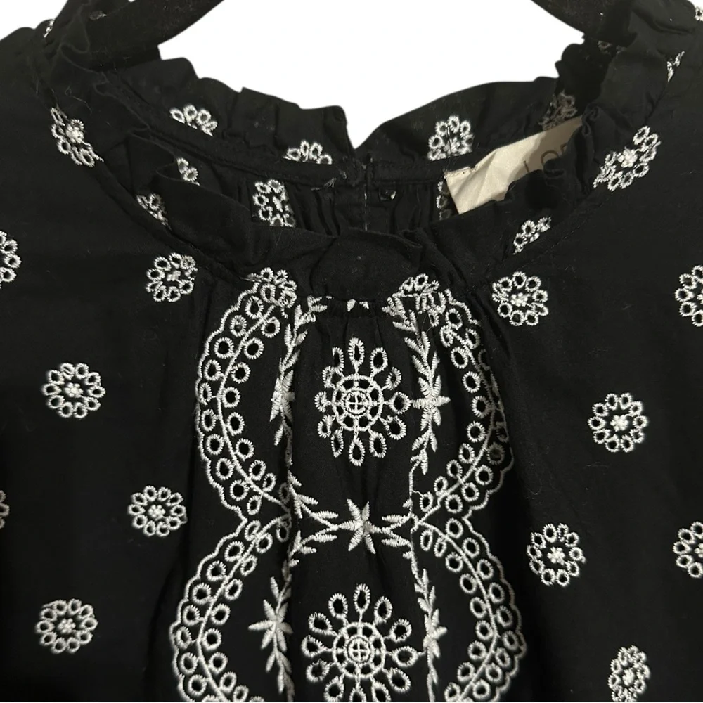 Loft Black and White Embroidered Eyelet Puff Sleeve High Neck Boho Top Size L